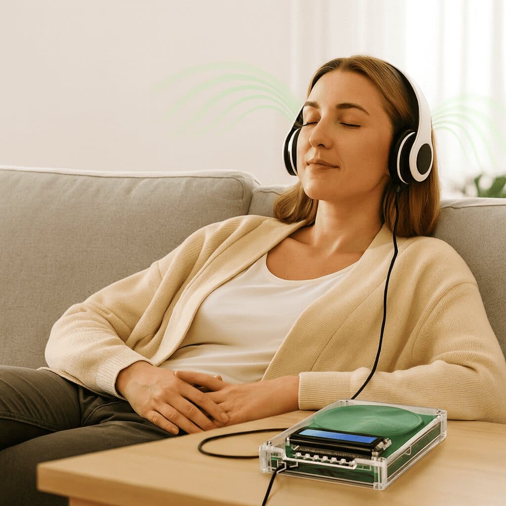 A person relaxing at home with headphones and the Calminity frequency device